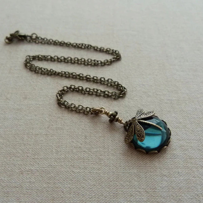 Wholesale Bohemian Retro Dragonfly Green Crystal Pendant Necklace